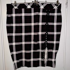 Plaid pencil skirt with lace up slit detail
